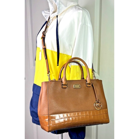 Michael Kors Kellen Crosshatch Leather Satchel Medium 357GS0S6E Tote Adj Strap - Picture 14 of 16
